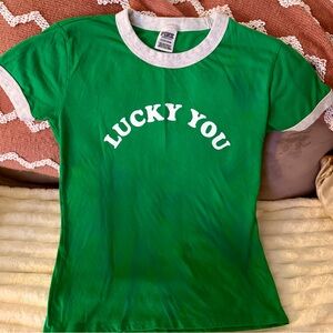 🍀PINK VS "Lucky You" St. Patty's Green Short Sleeve Tee with Shamrock on Sleeve